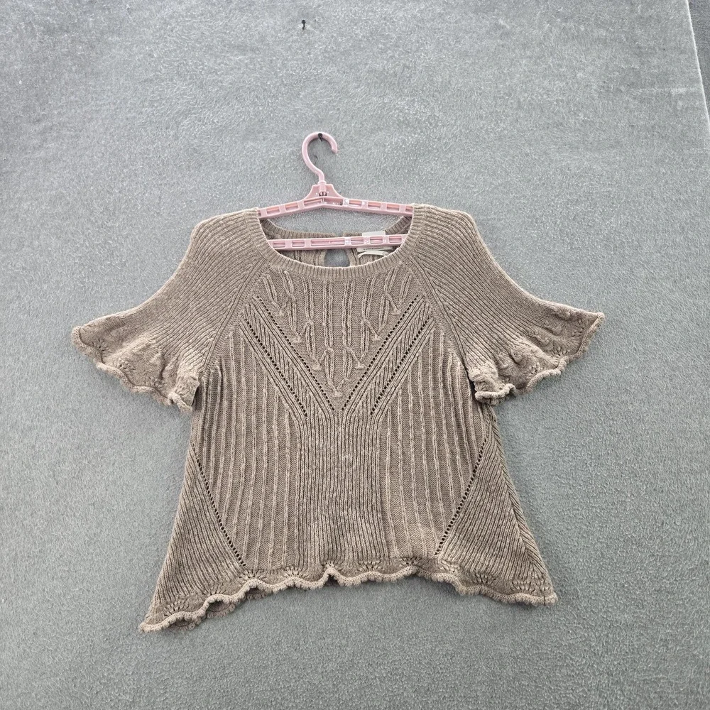 Anthropologie Women Sweater M Taupe‎ Wool Blend Pointelle Geometric Ruffle